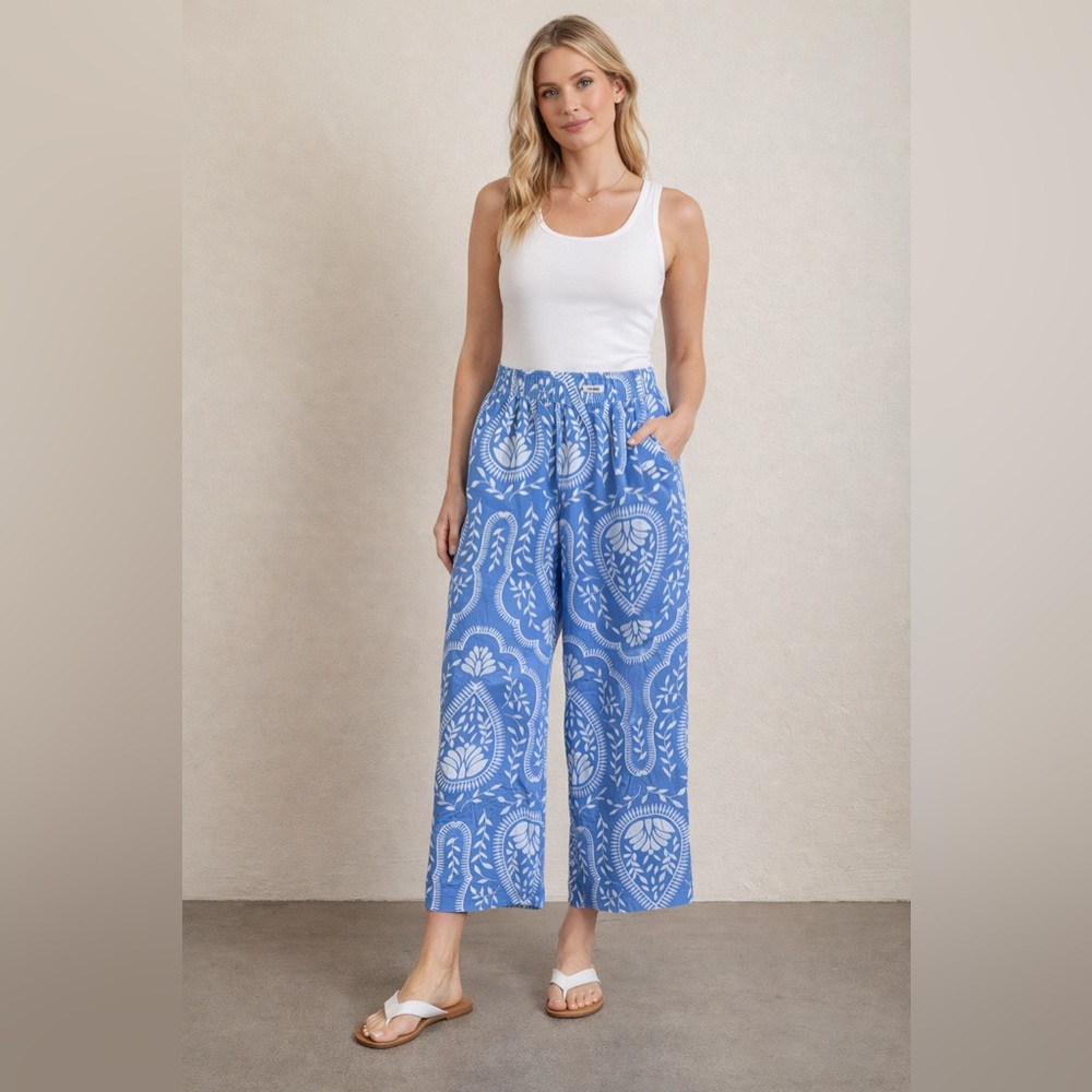 Joie 100% Linen Cropped Wide Leg Pants Light Blue White Leaf Print | Size M